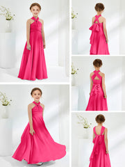 Halter Neckline Chiffon Junior Bridesmaid Dresses Fuchsia