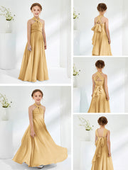 Halter Neckline Chiffon Junior Bridesmaid Dresses Gold