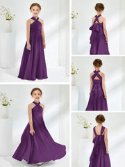 Halter Neckline Chiffon Junior Bridesmaid Dresses Grape