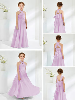 Halter Neckline Chiffon Junior Bridesmaid Dresses Lilac