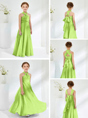 Halter Neckline Chiffon Junior Bridesmaid Dresses Lime Green