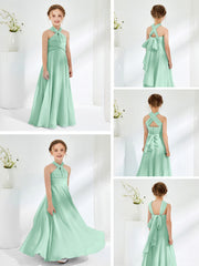 Halter Neckline Chiffon Junior Bridesmaid Dresses Mint Green