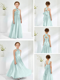 Halter Neckline Chiffon Junior Bridesmaid Dresses Mist