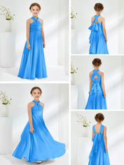 Halter Neckline Chiffon Junior Bridesmaid Dresses Ocean Blue