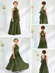 Halter Neckline Chiffon Junior Bridesmaid Dresses Olive Green