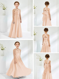 Halter Neckline Chiffon Junior Bridesmaid Dresses Pearl Pink