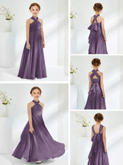 Halter Neckline Chiffon Junior Bridesmaid Dresses Plum