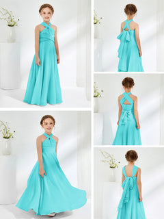 Halter Neckline Chiffon Junior Bridesmaid Dresses Pool