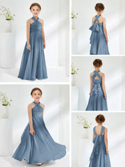 Halter Neckline Chiffon Junior Bridesmaid Dresses Slate Blue