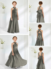 Halter Neckline Chiffon Junior Bridesmaid Dresses Steel Grey