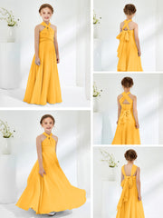 Halter Neckline Chiffon Junior Bridesmaid Dresses Tangerine