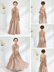 Halter Neckline Chiffon Junior Bridesmaid Dresses Taupe