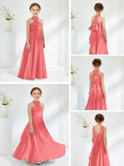 Halter Neckline Chiffon Junior Bridesmaid Dresses Watermelon