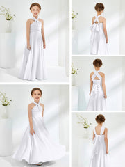 Halter Neckline Chiffon Junior Bridesmaid Dresses White