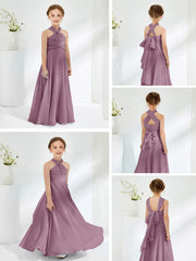 Halter Neckline Chiffon Junior Bridesmaid Dresses Wisteria