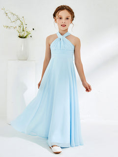 Halter Neckline Chiffon Junior Bridesmaid Dresses Sky Blue