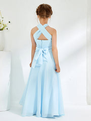 Halter Neckline Chiffon Junior Bridesmaid Dresses Sky Blue