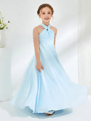 Halter Neckline Chiffon Junior Bridesmaid Dresses Sky Blue