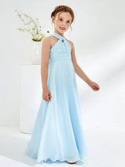 Halter Neckline Chiffon Junior Bridesmaid Dresses Sky Blue