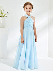 Halter Neckline Chiffon Junior Bridesmaid Dresses Sky Blue
