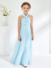 Halter Neckline Chiffon Junior Bridesmaid Dresses Sky Blue