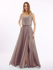 Long Spaghetti Strap Chiffon Gown Scoop Neck High Slit Dusk