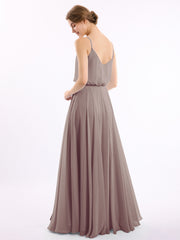 Long Spaghetti Strap Chiffon Gown Scoop Neck High Slit Dusk
