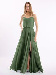 Long Spaghetti Strap Chiffon Gown Scoop Neck High Slit Olive Green