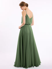 Long Spaghetti Strap Chiffon Gown Scoop Neck High Slit Olive Green