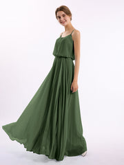 Long Spaghetti Strap Chiffon Gown Scoop Neck High Slit Olive Green