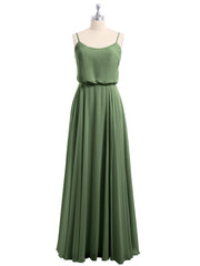 Long Spaghetti Strap Chiffon Gown Scoop Neck High Slit Olive Green