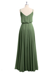Long Spaghetti Strap Chiffon Gown Scoop Neck High Slit Olive Green
