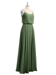Long Spaghetti Strap Chiffon Gown Scoop Neck High Slit Olive Green