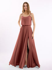Long Spaghetti Strap Chiffon Gown Scoop Neck High Slit Terracotta