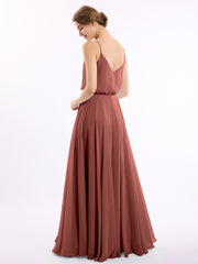Long Spaghetti Strap Chiffon Gown Scoop Neck High Slit Terracotta