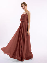 Long Spaghetti Strap Chiffon Gown Scoop Neck High Slit Terracotta