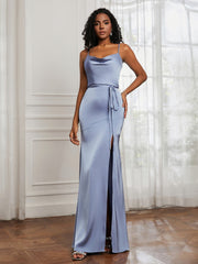 Square Neckline Floor-length Dress With Belt Dusty Blue Plus Size