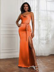 Square Neckline Floor-length Dress With Belt Burnt Orange