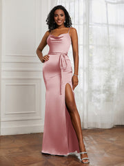 Square Neckline Floor-length Dress With Belt Dusty Rose