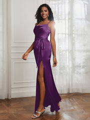 Square Neckline Floor-length Dress With Belt Grape