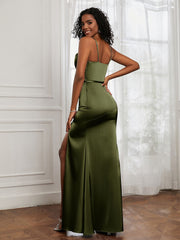 Square Neckline Floor-length Dress With Belt Olive Green