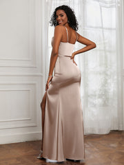 Square Neckline Floor-length Dress With Belt Taupe