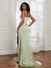 Stretch Satin Backless Mermaid Gown With Slit Dusty Sage
