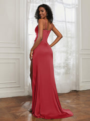 Stretch Satin Backless Mermaid Gown With Slit Burgundy