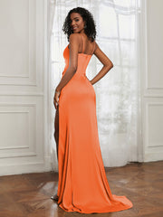 Stretch Satin Backless Mermaid Gown With Slit Burnt Orange