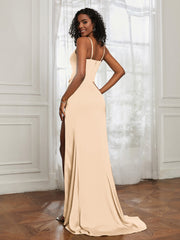 Stretch Satin Backless Mermaid Gown With Slit Champagne