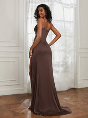 Stretch Satin Backless Mermaid Gown With Slit Chocolate