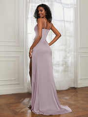 Stretch Satin Backless Mermaid Gown With Slit Dusk