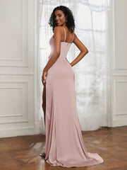 Stretch Satin Backless Mermaid Gown With Slit Dusty Rose