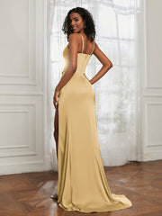Stretch Satin Backless Mermaid Gown With Slit Gold
